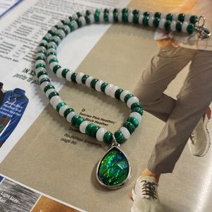 Malachite Rose Quartz Beaded Necklace Teardrop Glass Pendant